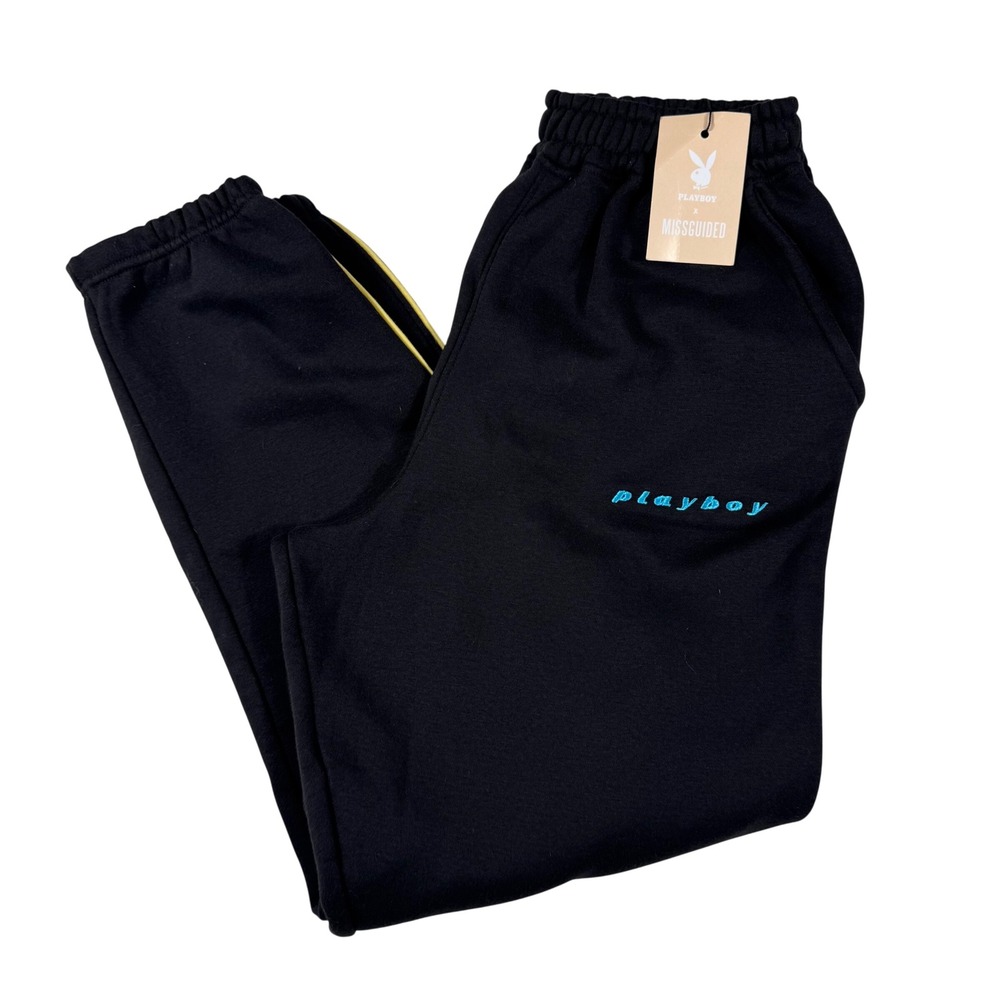Playboy x Missguided Oversized Joggers Black Yellow Stripe Blue Logo US 6 NEW